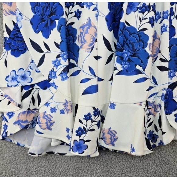 Eliza J Womens A Line Dress sz 12 White Blu Floral Ruffle Hem Church Date Night - Picture 10 of 11